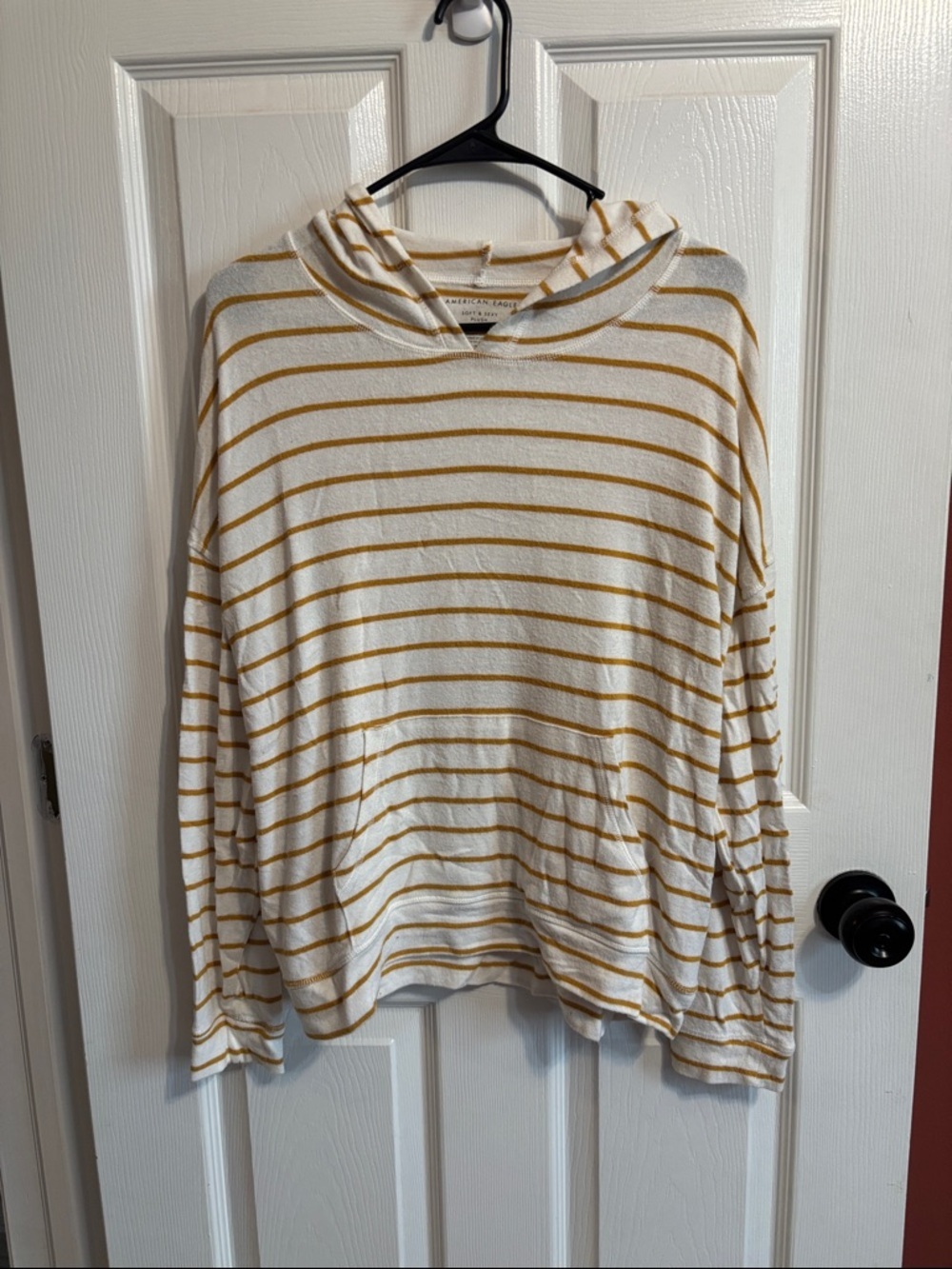 American Eagle Outfitters White and Mustard Striped Hooded Pullover